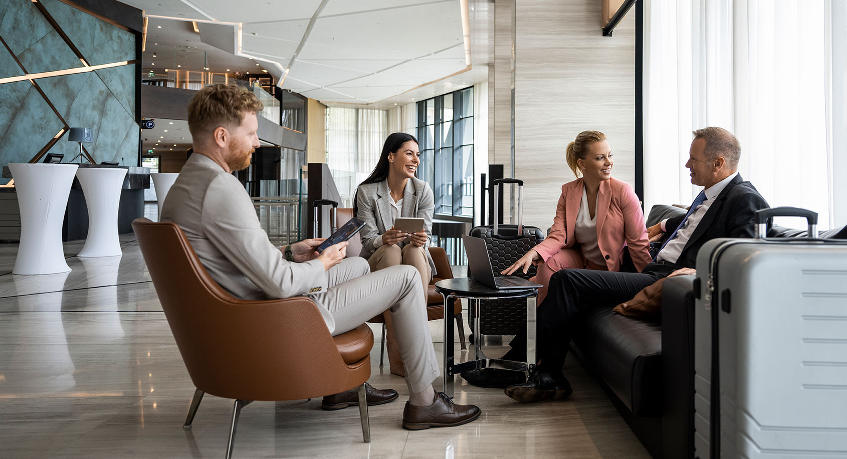 People sitting in hotel room